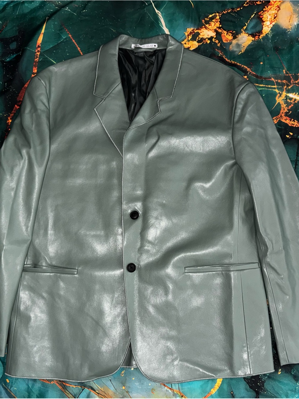 Zara Man - Men's Sage Green Leather Blazer - Modern Single-Breasted Jacket